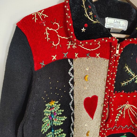 Christmas Cardigan Sweater Patchwork Cardinals Beaded Embellished Holiday PXL - Picture 7 of 11